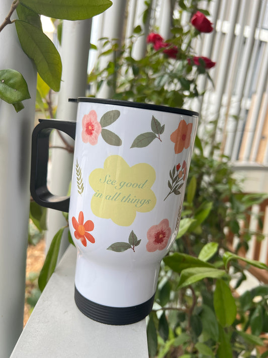 Mug thermos motif floral à message